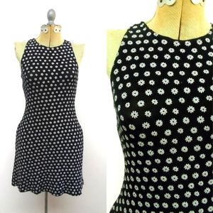 Vintage 90s/Y2k Does 60s Mini Dress Black with White Daisy Flowers